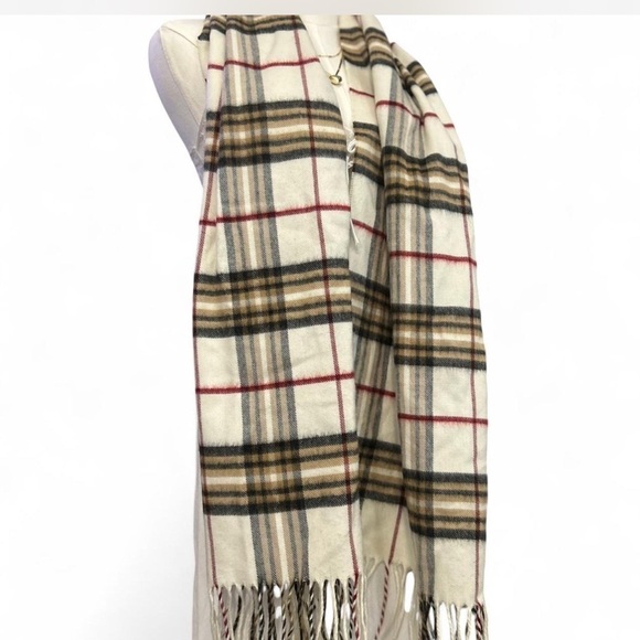 V. FRAAS Accessories - IV. Fraas Cashmink Wide Check Plaid Fringe Unisex Scarf Cream Black Burgundy